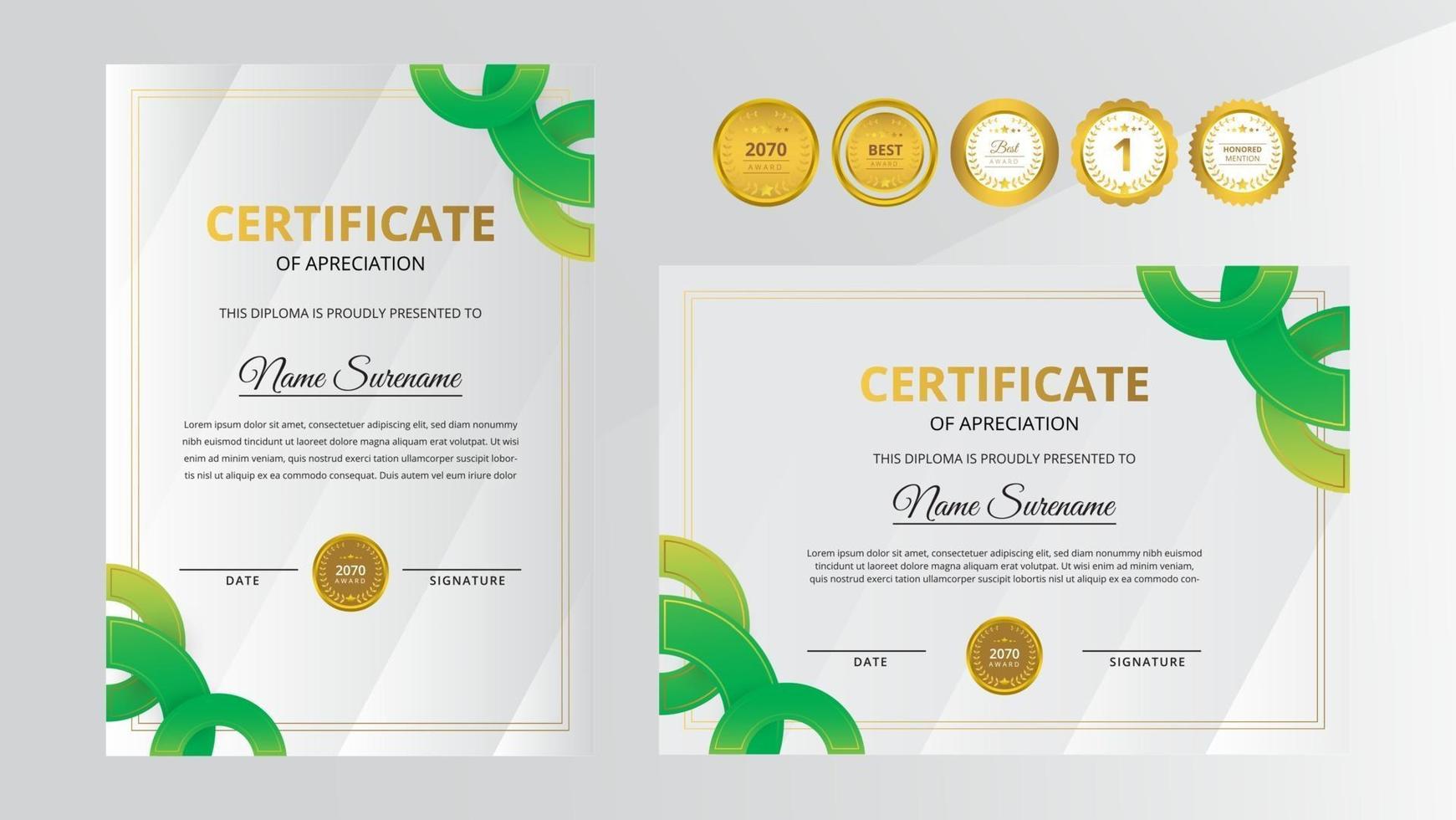 certificato di lusso sfumato dorato e verde con set di badge d'oro vettore