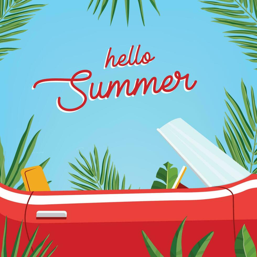 Ciao estate manifesto. di moda bandiera presentazione estate stagione con classico retrò auto e palma le foglie contro blu cielo. colorato vettore illustrazione.