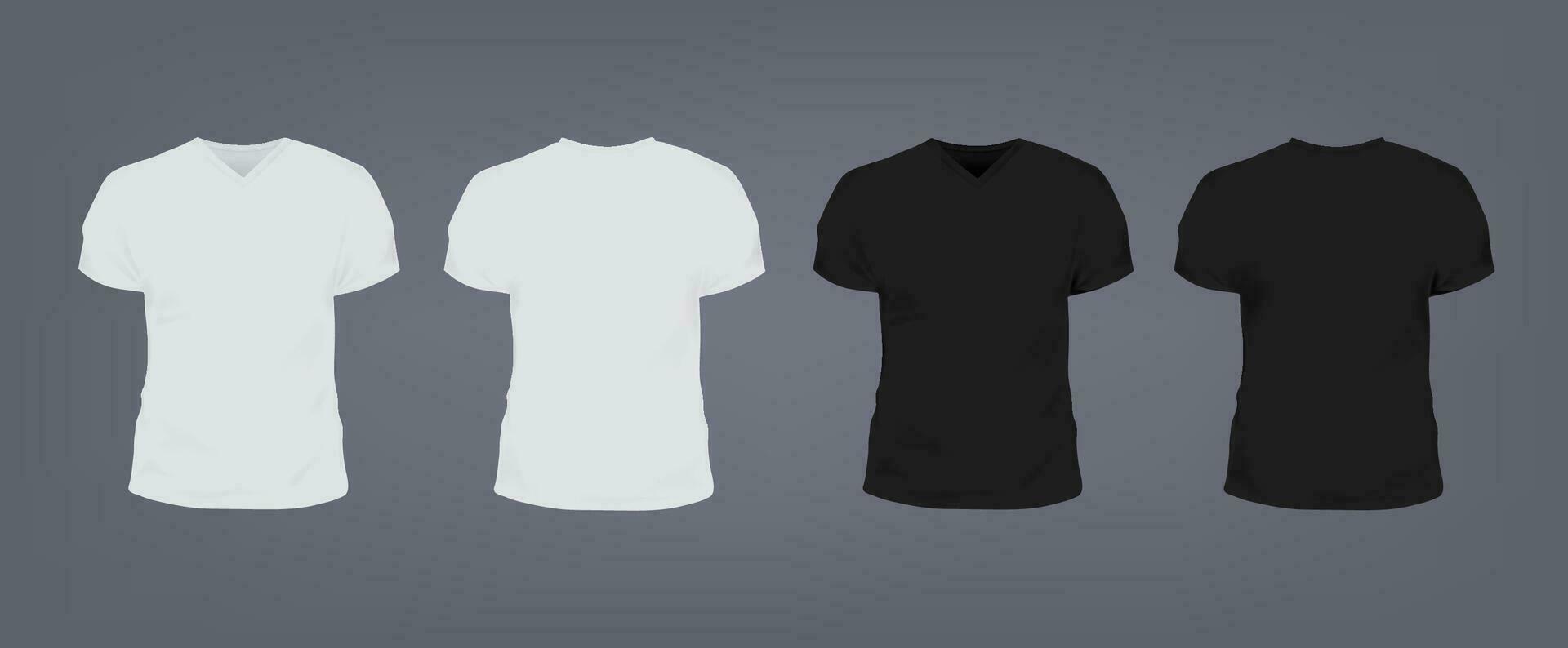 impostato di realistico bianca e nero unisex vestibilità slim maglietta con scollo a V. davanti e indietro Visualizza. vettore illustrazione collezione su grigio sfondo.