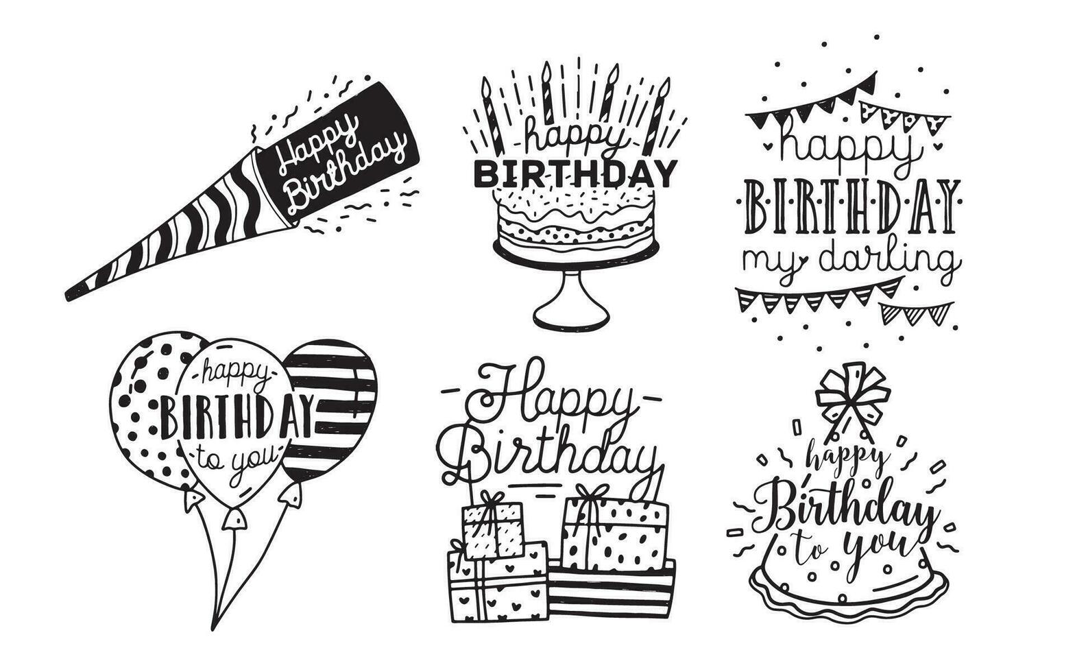 carino contento compleanno saluti iscrizioni design collezione. nero e bianca mano disegnato lettering vettore illustrazione impostato su bianca sfondo.