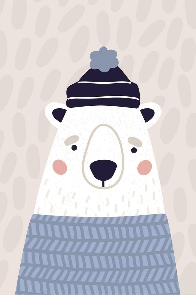 carino polare orso nel cappello e maglione. verticale saluto carta nel pastello colori. colorato vettore illustrazione per cartolina nel cartone animato stile.