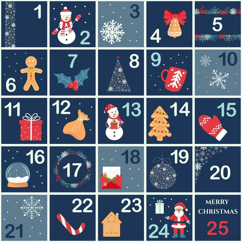 Avvento calendario con simbolo di Natale. vettore conto alla rovescia per natale con numeri. vettore illustrazione