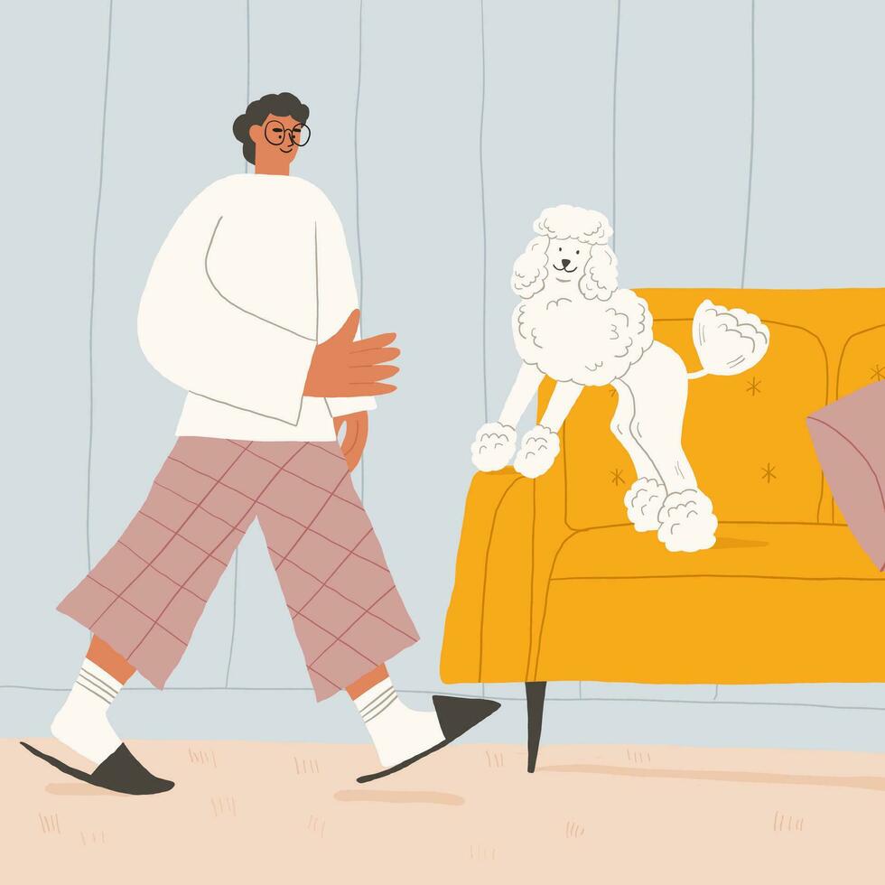 illustrazione con uomo a casa con bianca scarabocchio cane. accogliente casa coppia illustrazione. cane seduta su il garantire. uomo nel pantofole. casa vivente camera scena vettore