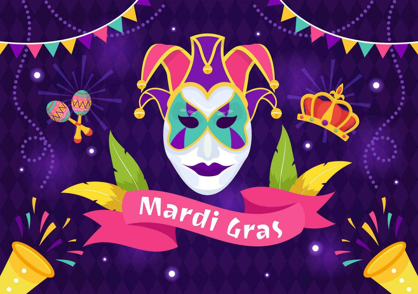 mardi gras carnevale vettore illustrazione. traduzione è francese per Grasso martedì. Festival con maschere, maracas, chitarra e piume su viola sfondo