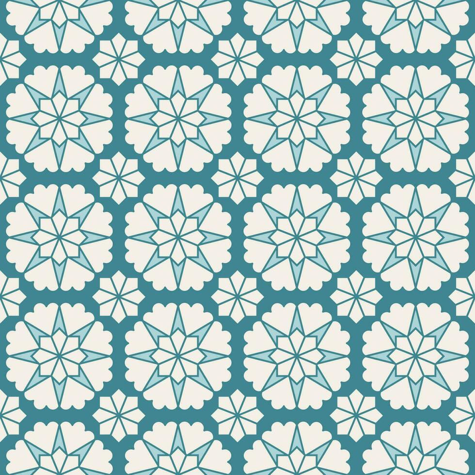 Arabo geometrico mosaico stampabile senza soluzione di continuità modello con astratto marocchino Stampa nel blu e arancia colori. Ramadan kareem tradizionale islamico arte illustrazione sfondo vettore