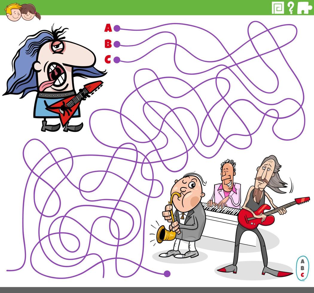 gioco del labirinto con il chitarrista dei cartoni animati e la banda musicale vettore