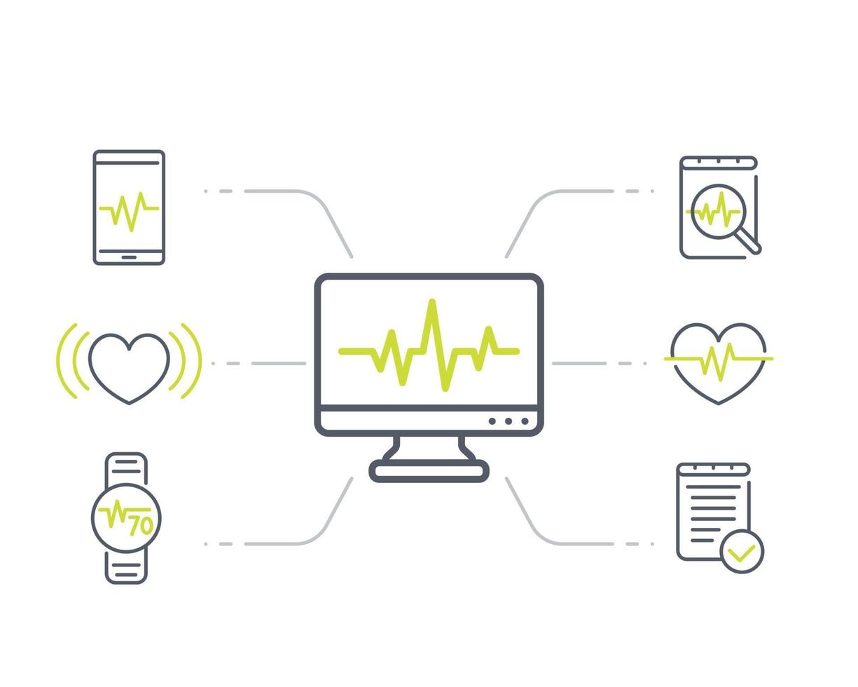 ecg, diagnostica cardiaca, icone della linea di elettrocardiografia su bianco vettore