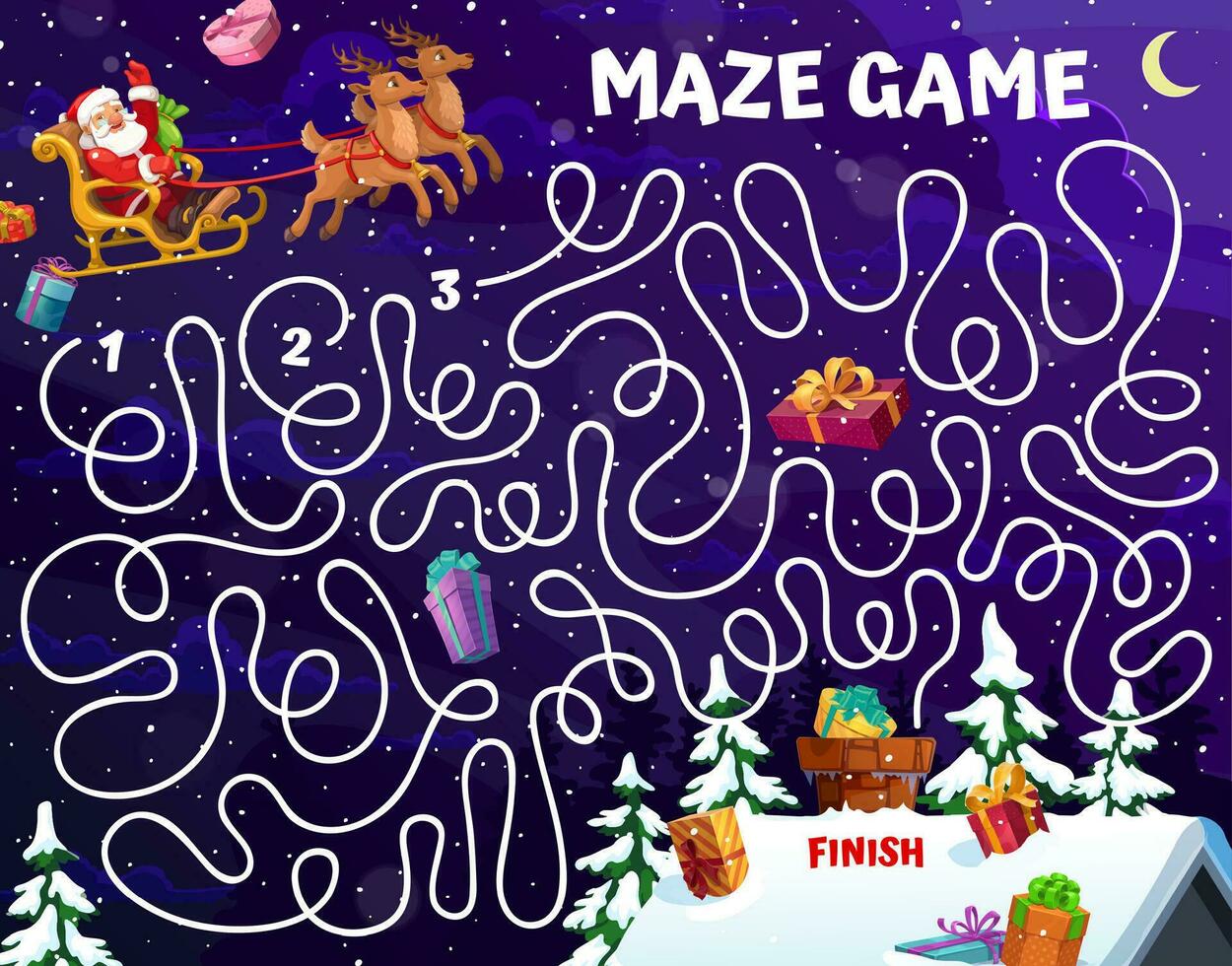 Natale labirinto labirinto Santa su slitta enigma vettore