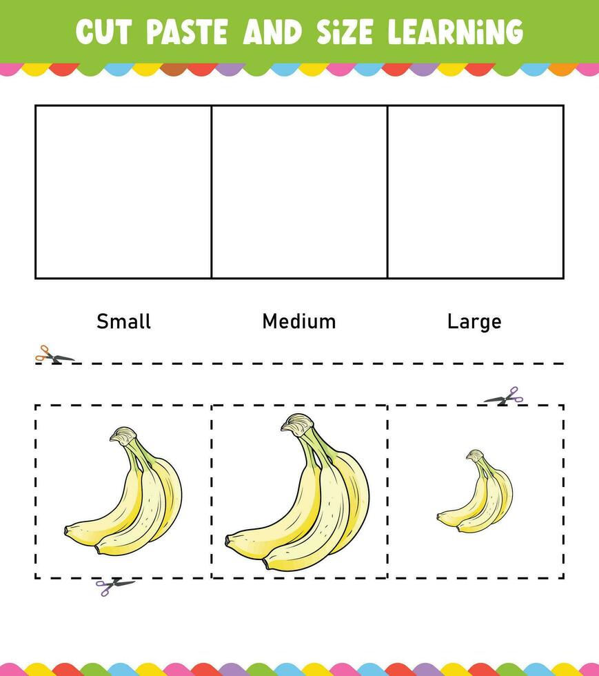 apprendimento dimensioni tagliare e incolla facile attività foglio di lavoro gioco per bambini con Banana vettore