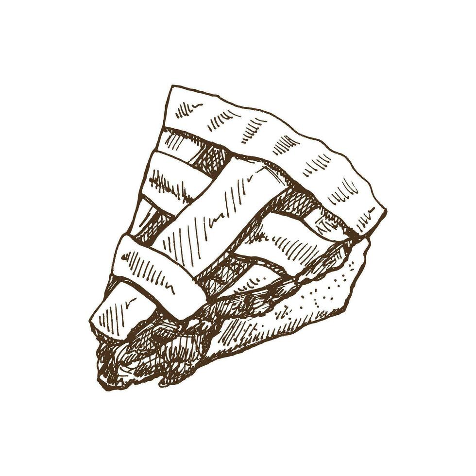 disegnato a mano schizzo di pezzo di tradizionale Mela torta con crema guarnizione. vettore illustrazione di cottura al forno. fatti in casa forno disegno. dolce cibo per ricette, ristorante. cibo per ringraziamento, Natale