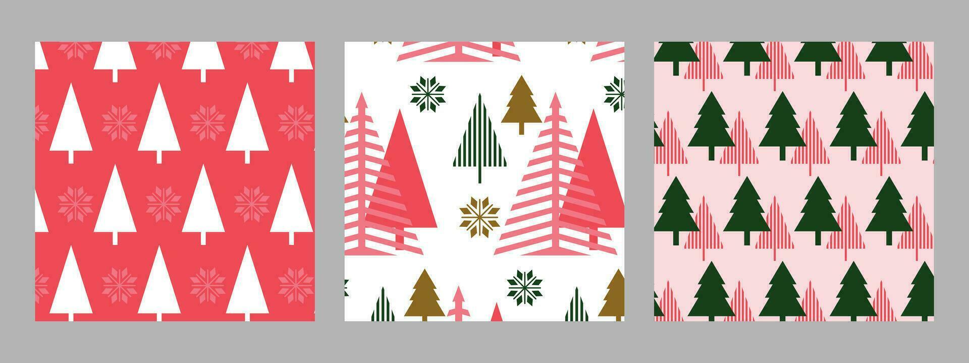 tre senza soluzione di continuità inverno modelli con geometrico Natale alberi. Natale e nuovo anno design. modelli su il swatch pannello. vettore