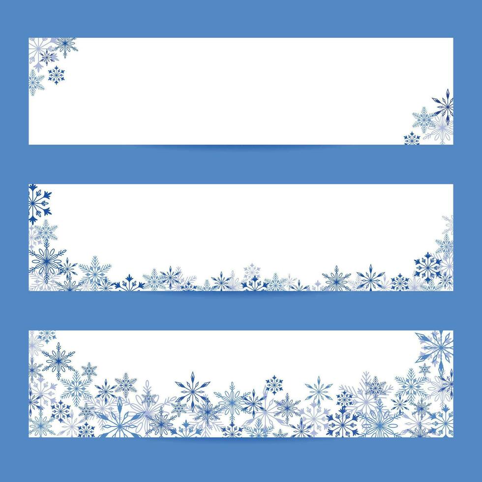 Natale striscione. impostato di tre banner con colorato inverno sfondo fatto di blu fiocchi di neve. vettore