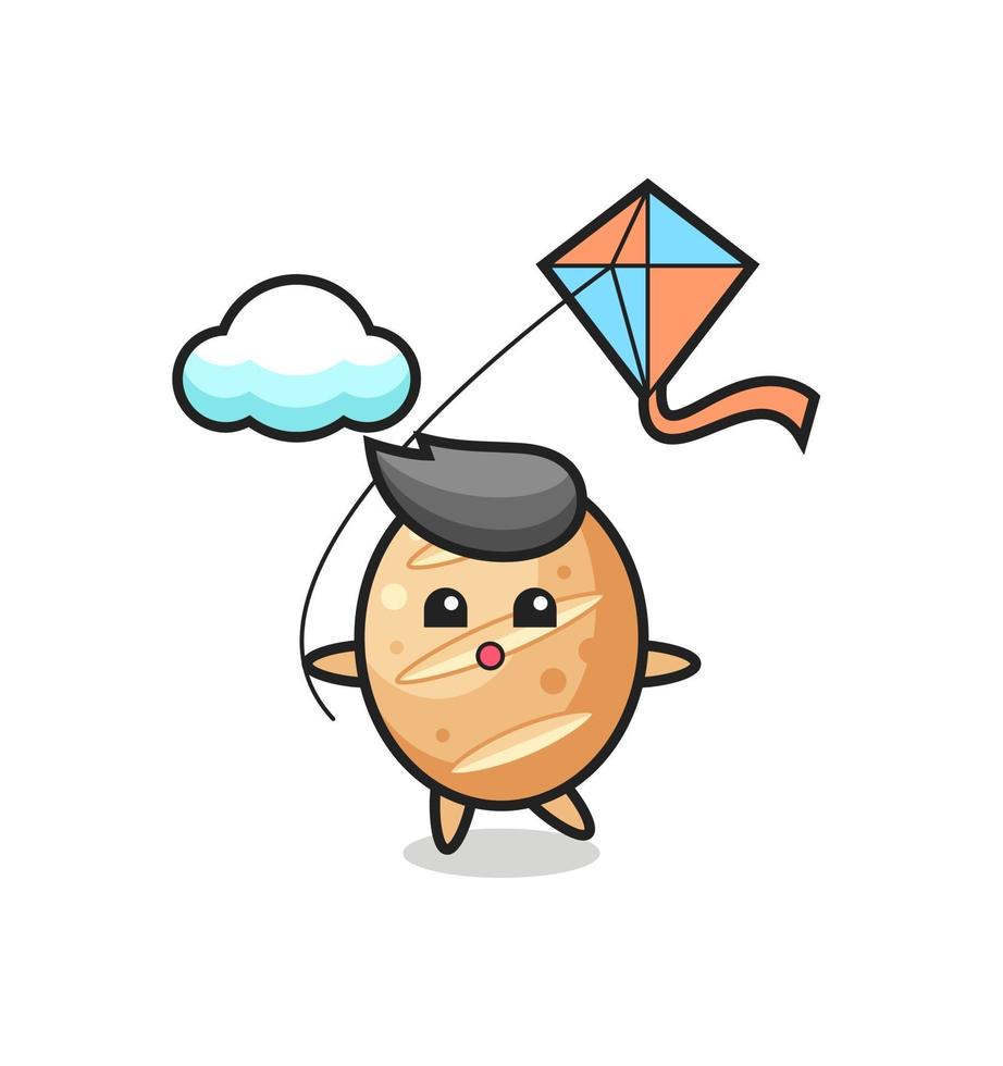 l'illustrazione della mascotte del pane francese sta giocando a kite vettore
