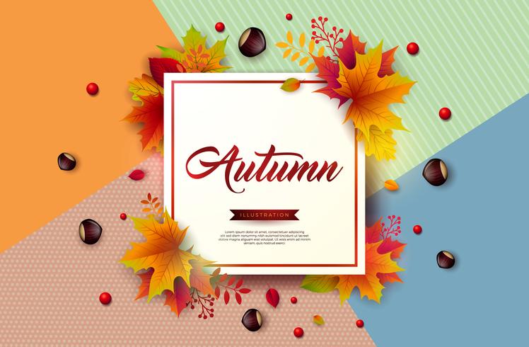 Illustrazione di autunno con foglie colorate, castagna e lettering vettore