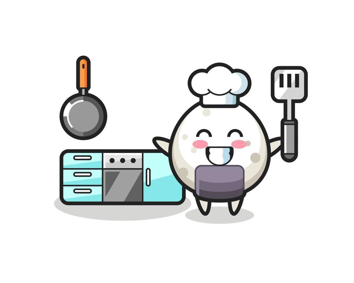 onigiri illustrazione del personaggio mentre uno chef sta cucinando vettore