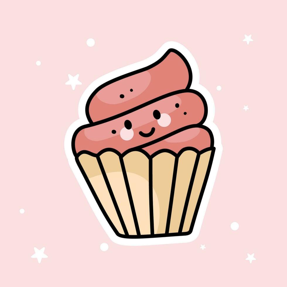 carino kawaii Cupcake è isolato su un' rosa sfondo vettore