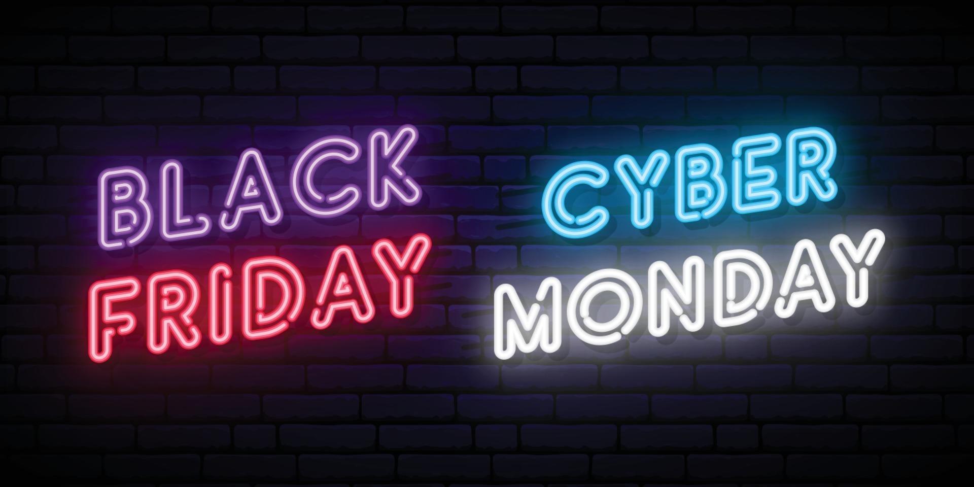 set di disegni al neon del black friday e del cyber lunedì vettore