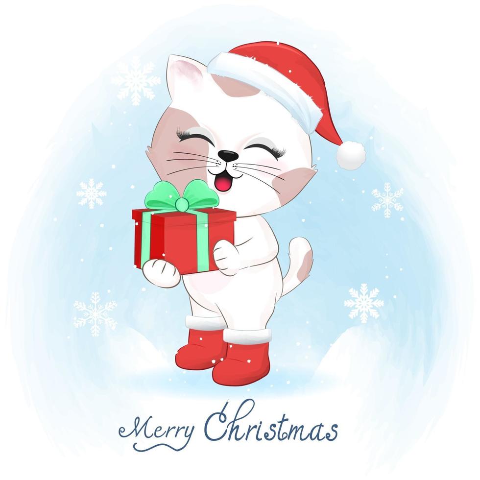 simpatico gatto con confezione regalo in inverno e illustrazione di natale. vettore