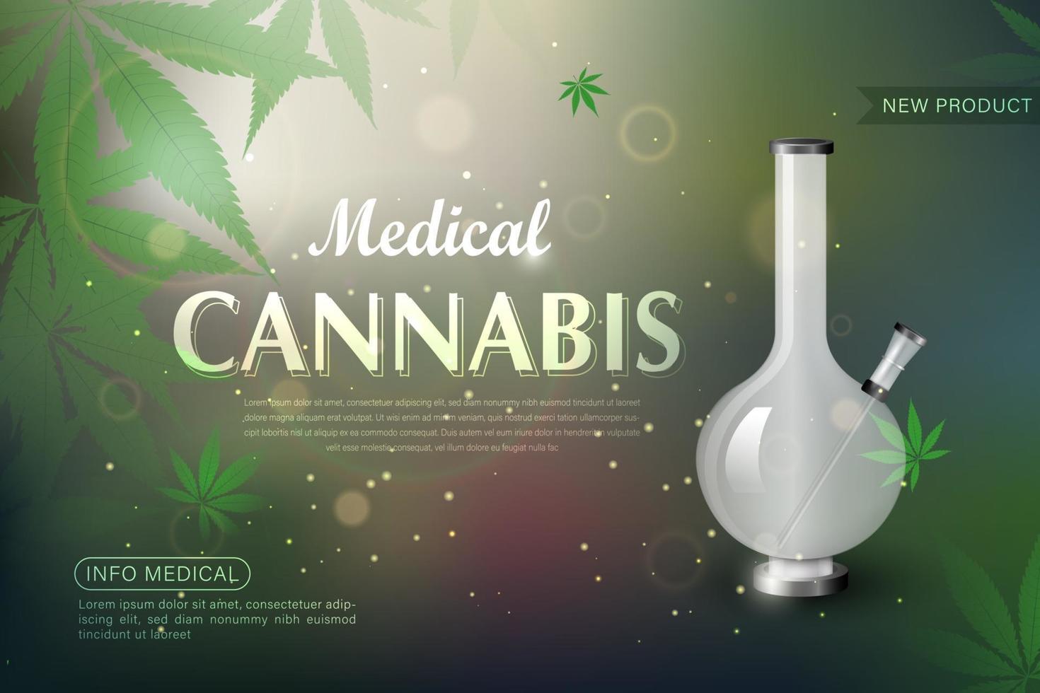 illustrazione vettoriale realistica che mostra bong di vetro e foglia di marijuana