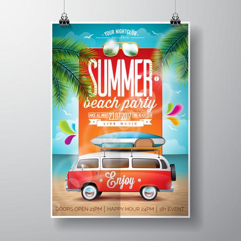 Vector Summer Beach Party Flyer Design con furgone e tavola da surf