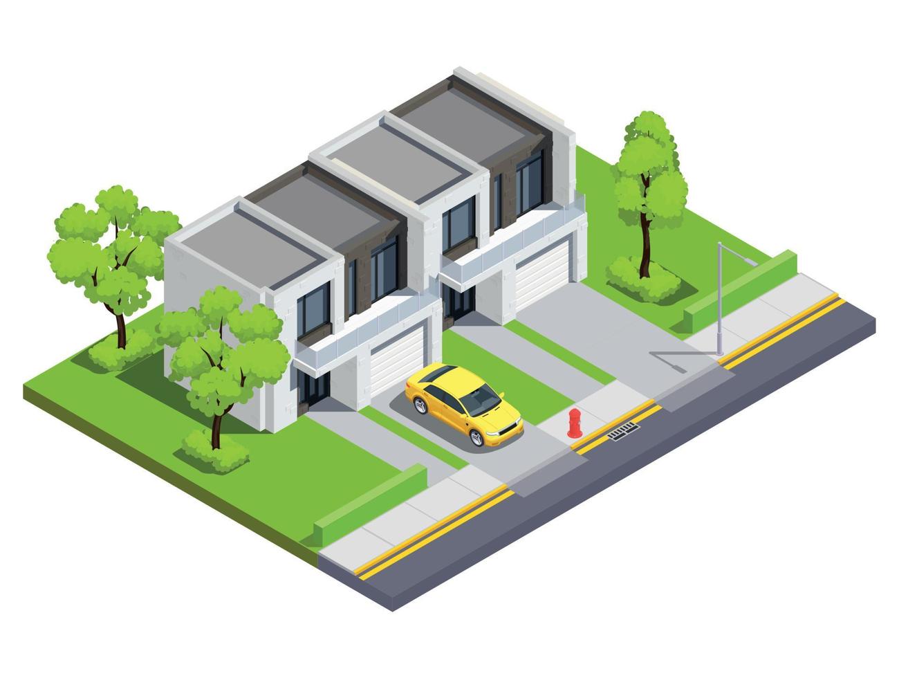 illustrazione vettoriale isometrica di edifici suburbani
