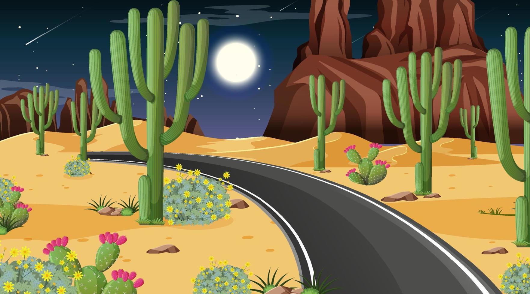 paesaggio della foresta del deserto alla scena notturna con una lunga strada vettore