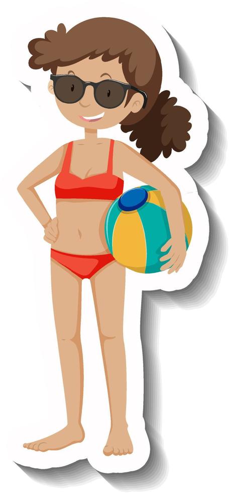 una ragazza che indossa un bikini rosso e tiene in mano un pallone da spiaggia vettore
