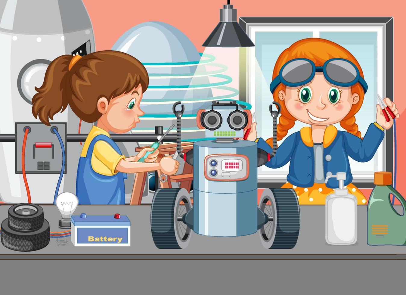 scena con bambini che riparano robot insieme vettore