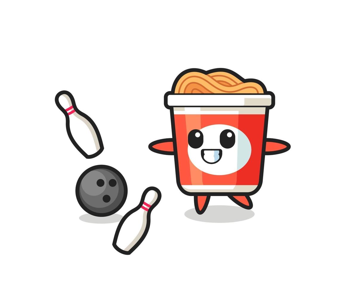 personaggio cartone animato di spaghetti istantanei sta giocando a bowling vettore