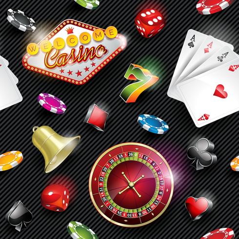 Vector l&#39;illustrazione senza cuciture del modello del casinò con gli elementi di gioco su fondo a strisce scuro.