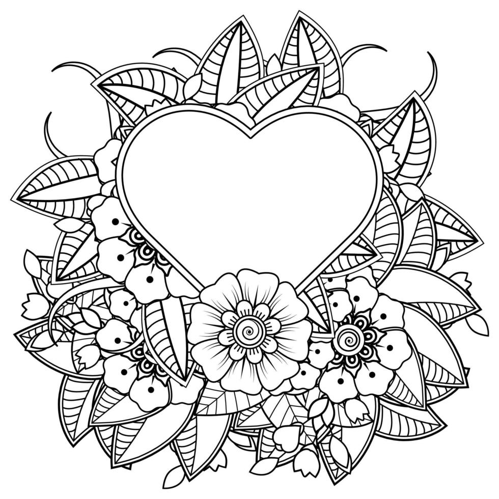 fiore mehndi con cornice a forma di cuore vettore