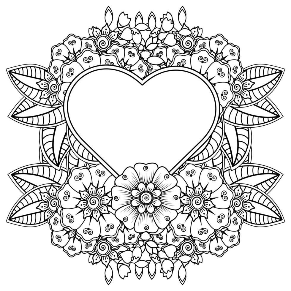 fiore mehndi con cornice a forma di cuore vettore