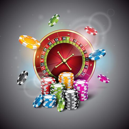 Vector l&#39;illustrazione su un tema del casinò con la ruota della roulette e giocando i chip