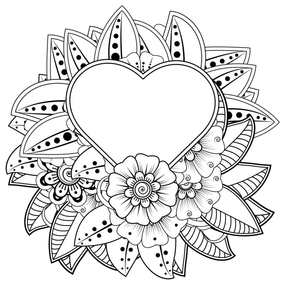 fiore mehndi con cornice a forma di cuore, ornamento scarabocchio vettore