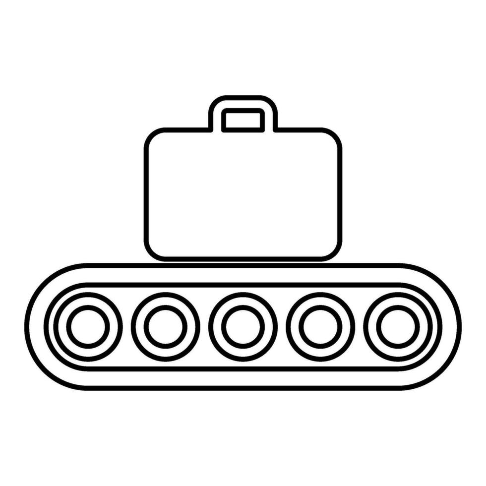 trasportatore cintura aeroporto nastro Bagaglio viaggiatori bagaglio valigia produzione linea automatizzato produzione contorno schema linea icona nero colore vettore illustrazione Immagine magro piatto stile