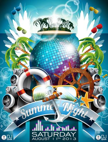 Vector Summer Beach Party Flyer Design con palla da discoteca e elementi di spedizione