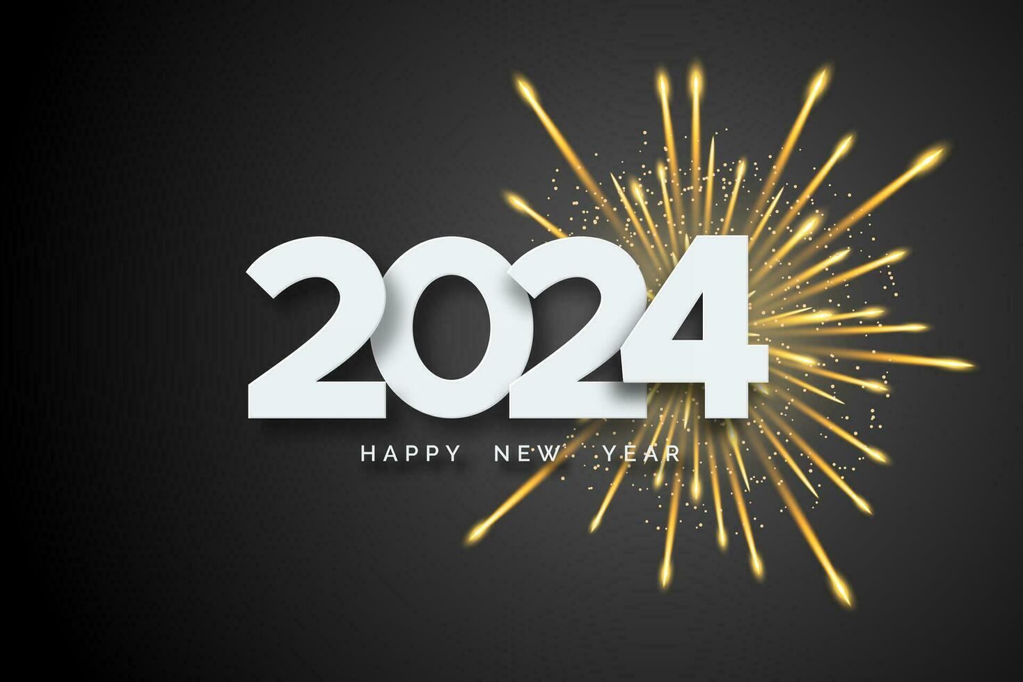 2024 contento nuovo anno. bianca numeri e fuoco d'artificio su nero sfondo. allegro Natale e nuovo anno 2024 saluto carta vettore
