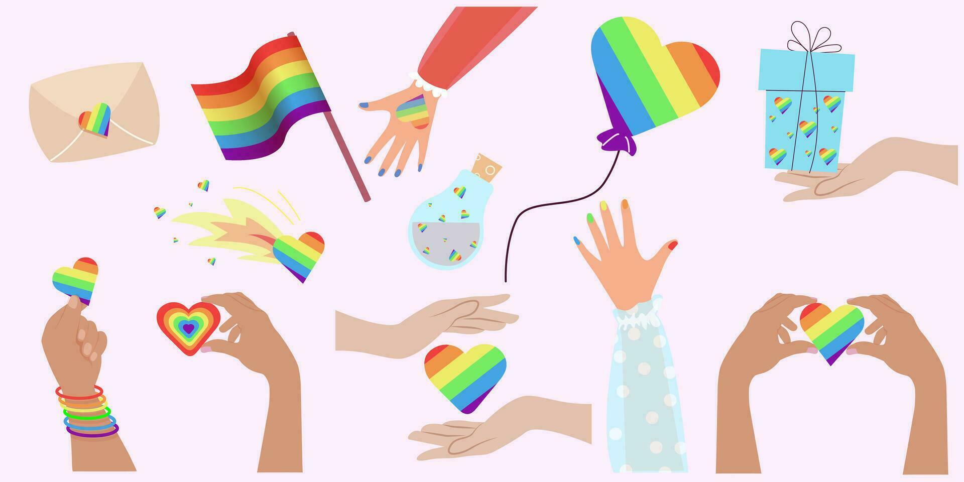 contento San Valentino giorno lgbt elementi impostare. concetto di omosessuale amore, lgbtq. lgbt cuori, orgoglio simbolo, lgbt bandiera. di moda moderno piatto vettore illustrazione per adesivi, striscione, carta.