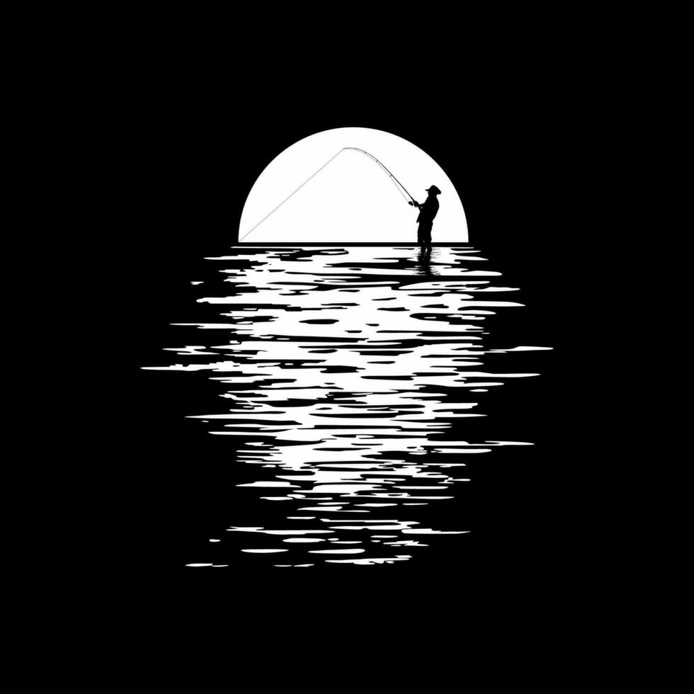 silhouette di il pescatore o pescatore su il tramonto o tramonto Visualizza. vettore illustrazione
