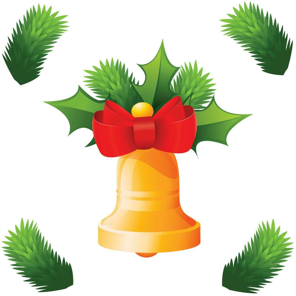 d'oro tintinnio campane con rosso nastro Natale elemento decorazione con poinsettia Natale campana con rosso nastro e albero rami vettore