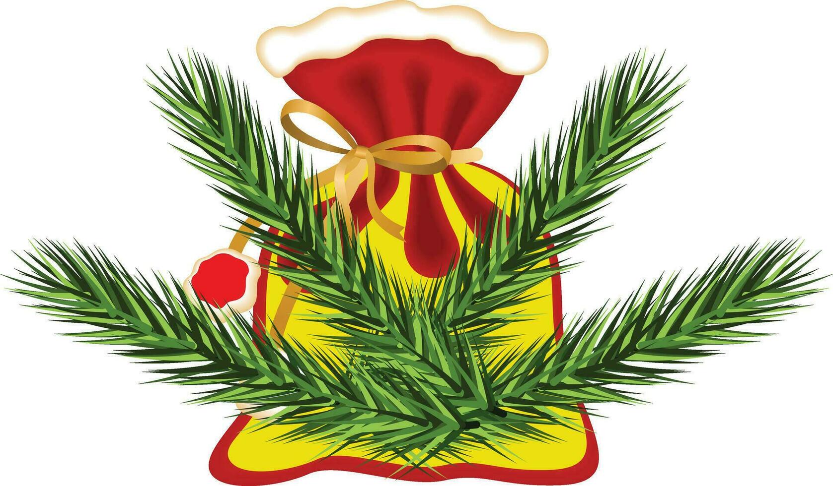 d'oro tintinnio campane con rosso nastro arco e abete branche d'oro Natale campana con rami vettore