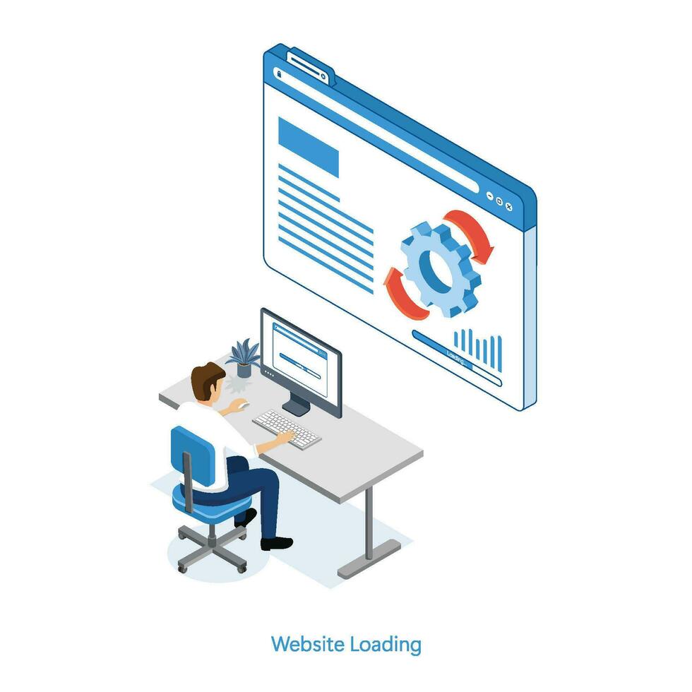 uomo utilizzando ragnatela del browser in lavorazione con computer. isometrico vettore. vettore