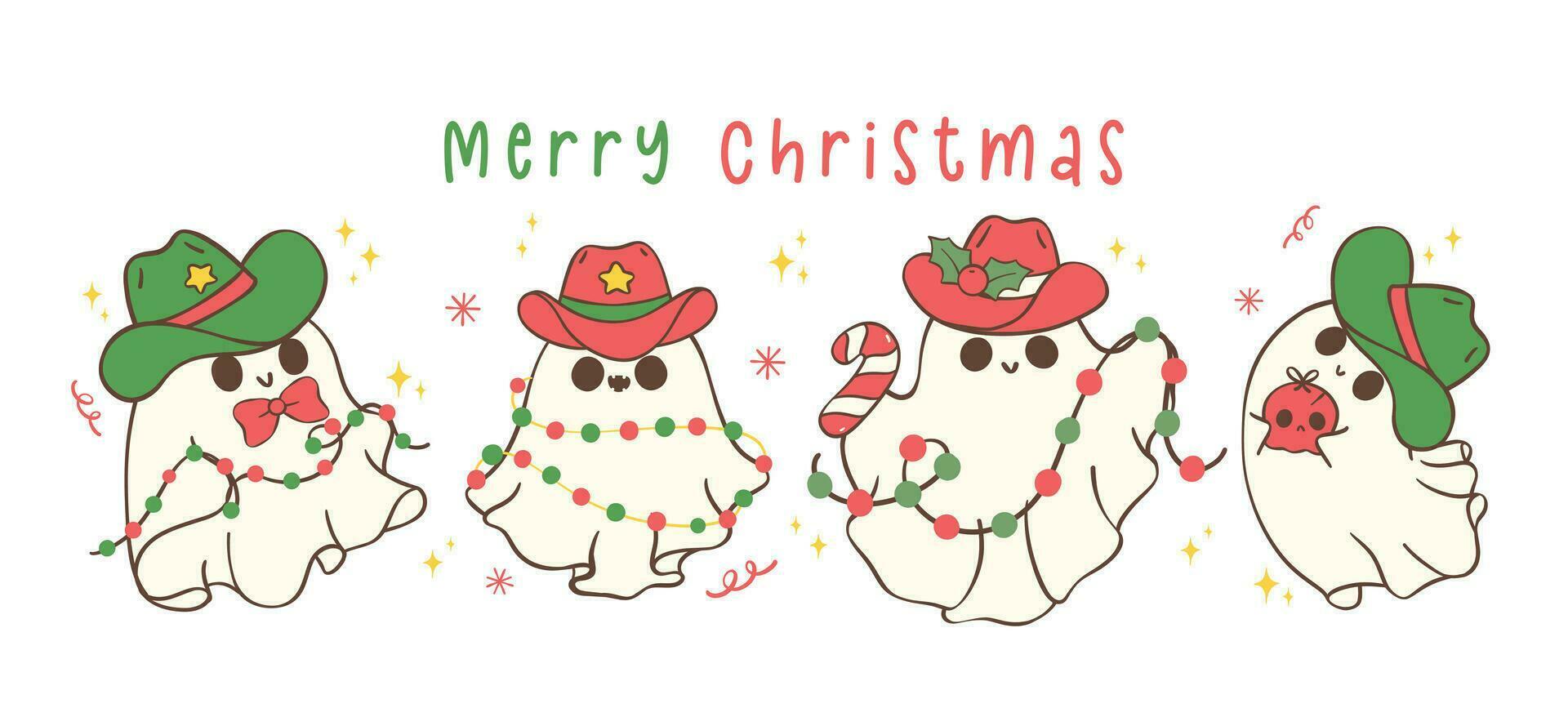 gruppo di carino e kawaii Natale cowboy fantasmi. festivo vacanza bandiera cartone animato mano disegno con adorabile posa vettore