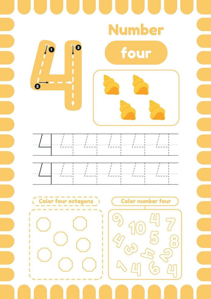 attività pagina con molti esercizi per bambini, colorazione figure. tracciare numero quattro. grafia la pratica. vettore