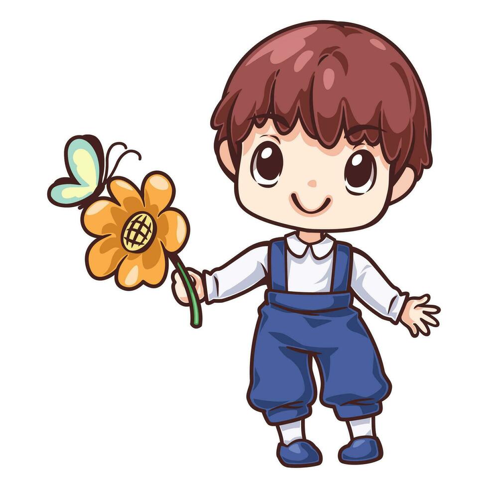 cartone animato personaggio ragazzo Tenere fiore vettore
