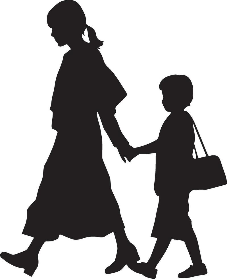 un' donna andando per scuola con sua bambino vettore silhouette 10