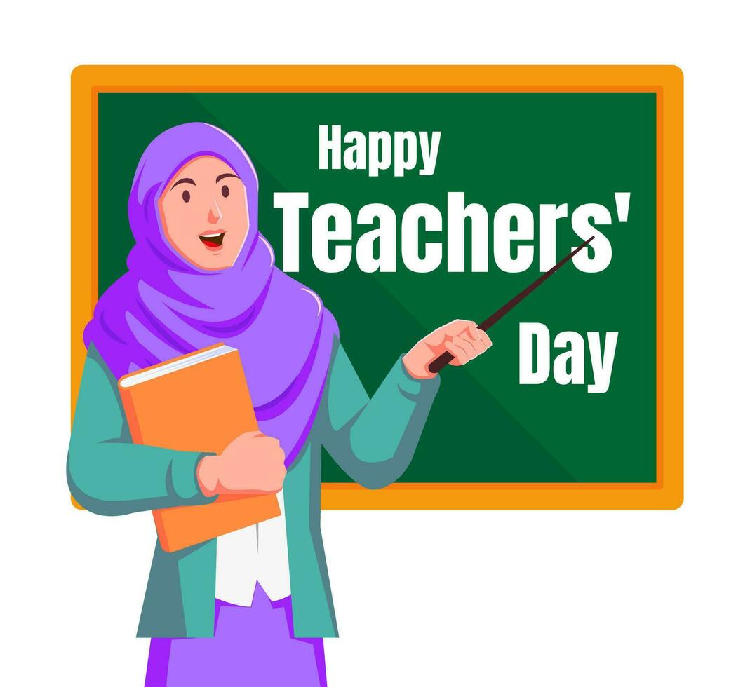 contento insegnanti giorno con musulmano donna e lavagna vettore illustrazione