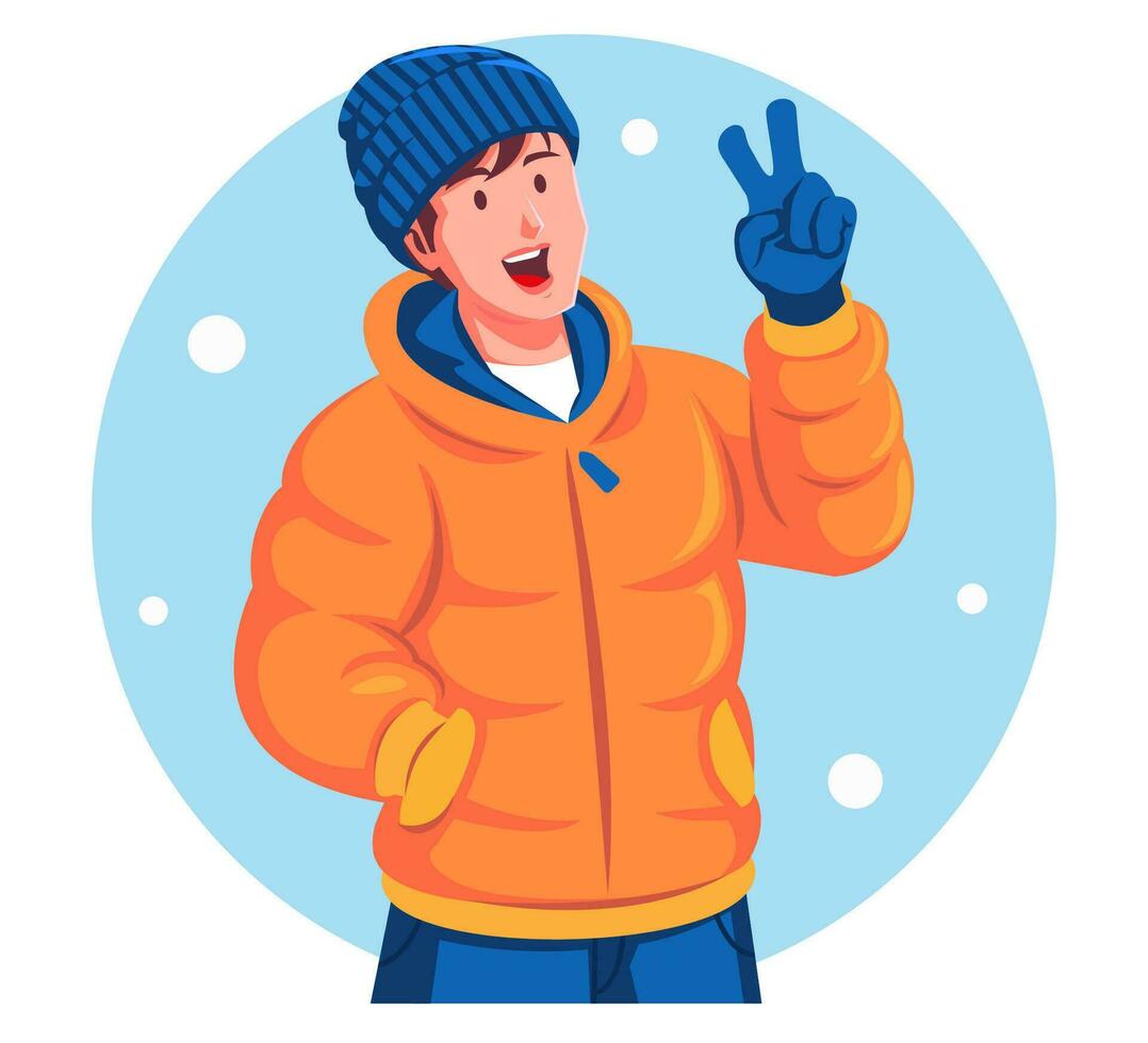 illustrazione di un' uomo indossare inverno Abiti mostrando pace cartello con tutti e due mani vettore
