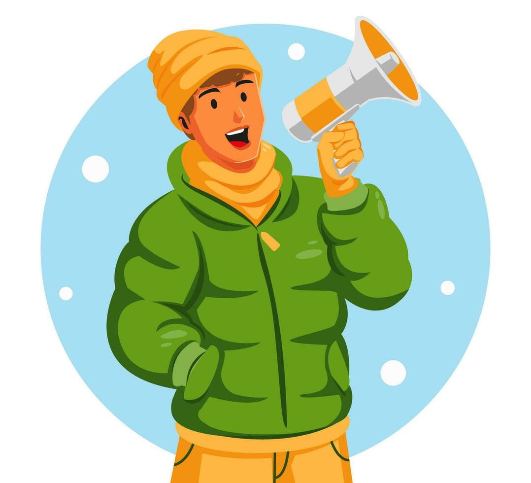 illustrazione di un' ragazza nel inverno Abiti Tenere un' megafono vettore