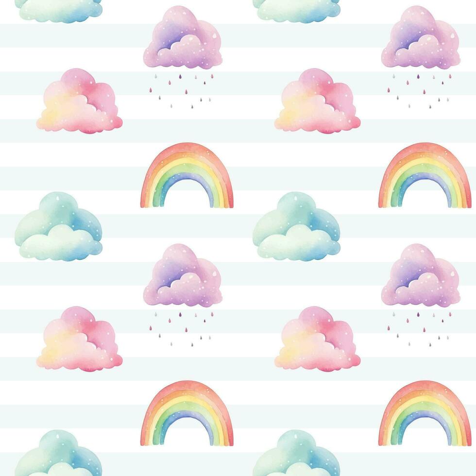 senza soluzione di continuità colorato arcobaleno e nuvole modello. acquerello nuvole arcobaleni vettore sfondo nel pastello colori